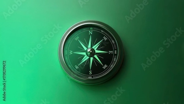 Fototapeta A metallic compass with a glowing green needle rests on a vibrant green background, suggesting direction and guidance