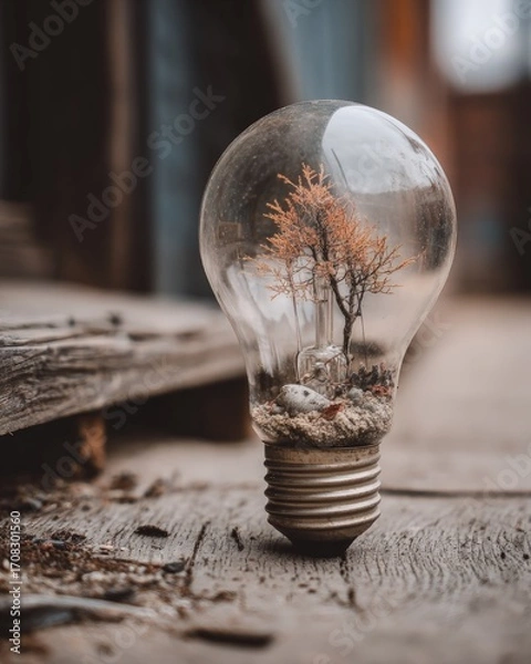 Fototapeta Tree Inside a Light Bulb on Wood
