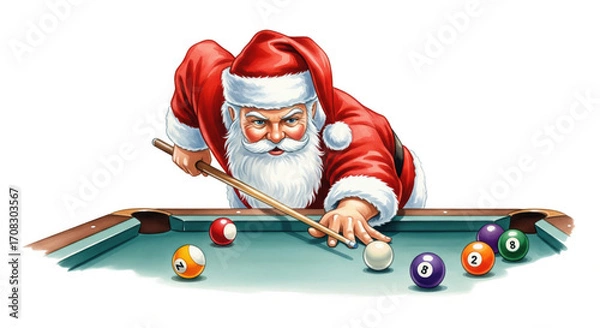Fototapeta Santa Claus playing billiards, aiming with cue stick at pool table, surrounded by colorful balls, festive and joyful mood, white background