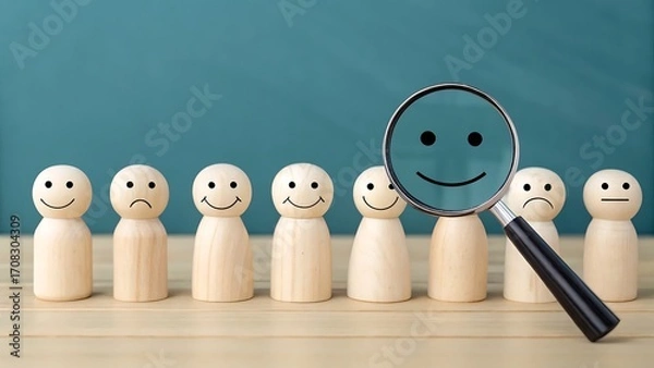Fototapeta Searching for positive attitude and happy employees, using a magnifying glass to find smiling faces among wooden figures on a table