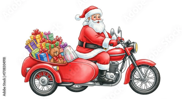 Obraz Santa Claus riding red motorcycle with sidecar full of colorful gift boxes, teddy bear, and doll, cheerful holiday scene, white background