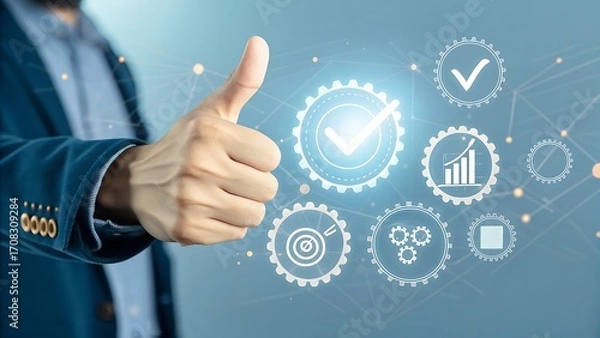 Fototapeta Businessman showing thumbs up with virtual screen icons for quality assurance, guarantee, standards, iso certification and service concept