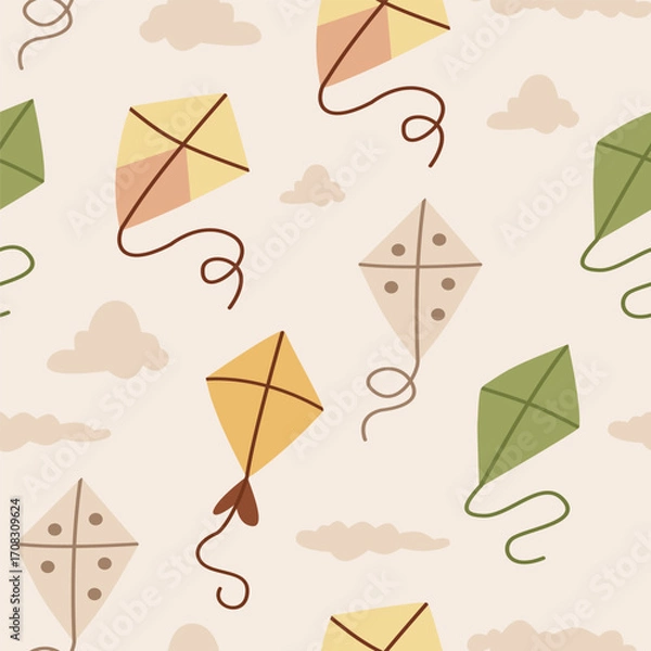 Obraz Kite Seamless Pattern with Strings, Tails and Sky Elements