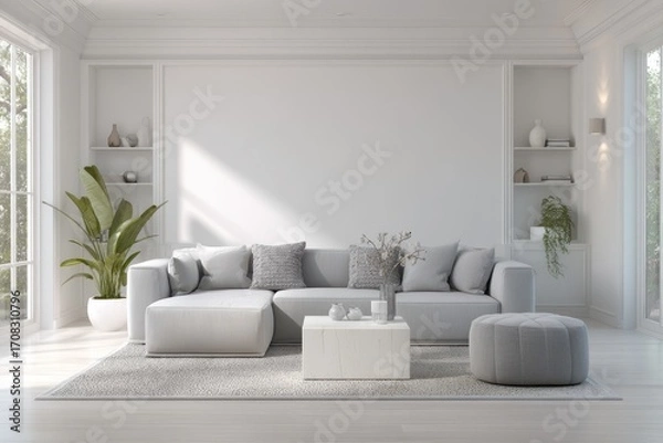 Fototapeta A modern living room with a neutral color scheme.