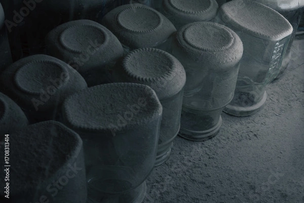 Fototapeta Dusty Empty Jars on Shelf in Forgotten Basement. Close-up of dusty, empty glass jars sitting untouched on an old wooden shelf in a long-abandoned basement. Perfect for themes of forgotten places.