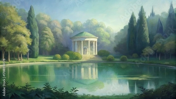 Obraz Tranquil classical garden landscape with gazebo and reflecting pond serene natural beauty
