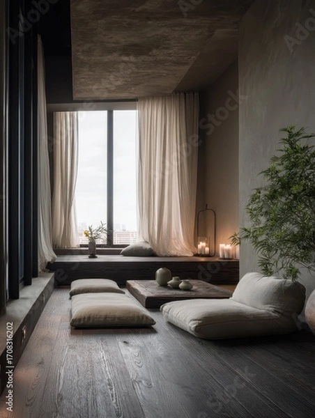 Fototapeta Tranquil room with floor cushions and large window.
