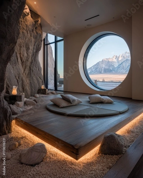 Fototapeta Elevated meditation space with mountain views.