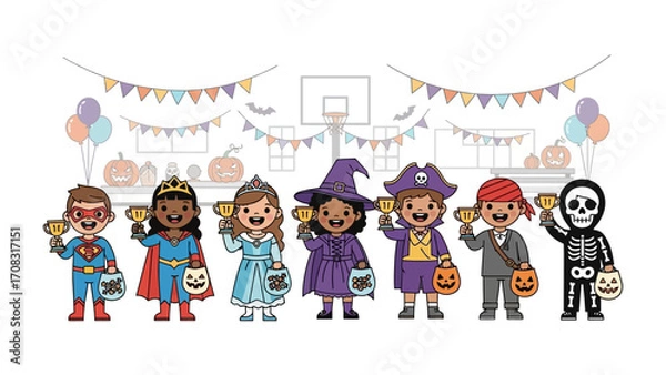 Fototapeta Spooky Success: A group of children in diverse costumes proudly hold up trophies after their achievements. Capturing the Halloween spirit and sense of accomplishment.