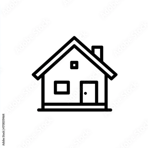 Fototapeta Simple black outline drawing of a house.  Single line style, front view, with a peaked roof, two windows, and a door.  Basic home icon