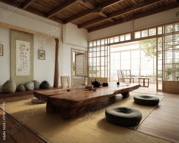Fototapeta Wooden table and tatami mats in a minimalist japanese style room.