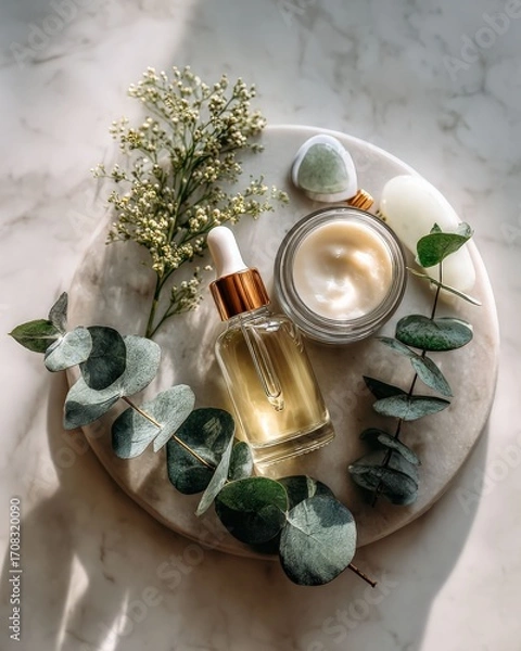 Fototapeta A collection of skincare products is beautifully arranged on a marble surface, surrounded by fresh eucalyptus leaves and delicate flowers, The scene has a luxurious feel