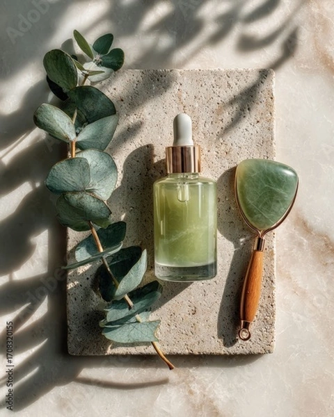 Fototapeta a serene still-life captures a jade roller, serum, and sprig of eucalyptus on a stone surface, exuding tranquility