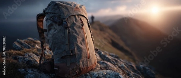 Fototapeta A lone backpack sits atop a rugged mountain peak, offering a sense of adventure and travel