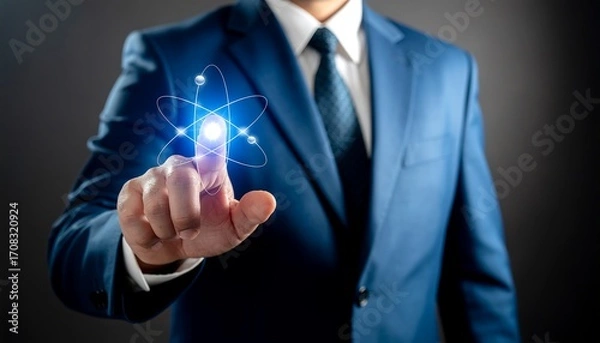 Obraz Modern Man Touching Abstract Atom Structure in Futuristic Illustration