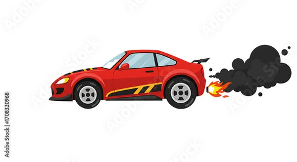 Fototapeta Red Racing Car with Flames and Smoke on Transparent Background