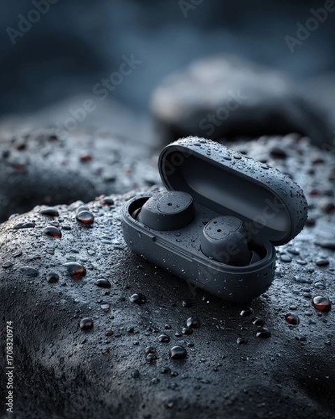 Fototapeta close-up of a sleek, black pair of wireless earbuds resting on a wet, textured rock surface