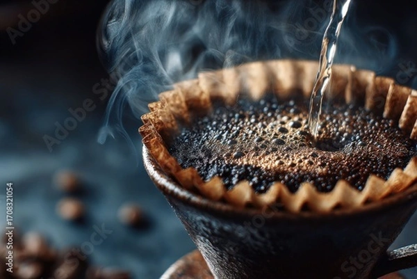 Fototapeta freshly brewed coffee, close-up shot with steam and coffee beans. The image captures the essence of a rich, aromatic beverage being made