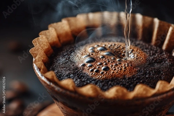 Fototapeta Brewing aromatic coffee with hot water, showcasing a close-up shot with a dark background