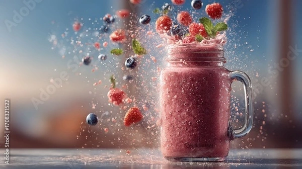 Fototapeta A vibrant berry smoothie with fresh ingredients spilling out of a mason jar, representing a healthy lifestyle