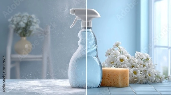 Fototapeta a spray bottle with flowers on a table. A clean, fresh, and simple setting.