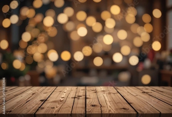 Fototapeta Warm Wood Surface for Christmas Mockups   Soft Blurred Lights in Background Create a Cozy, Customizable Holiday Scene