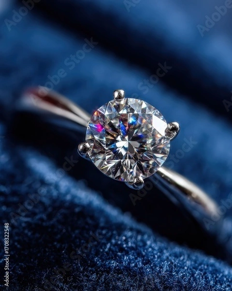 Fototapeta Close up view of a radiant diamond ring on a blue velvet surface, a symbol of elegance, love, and commitment. 