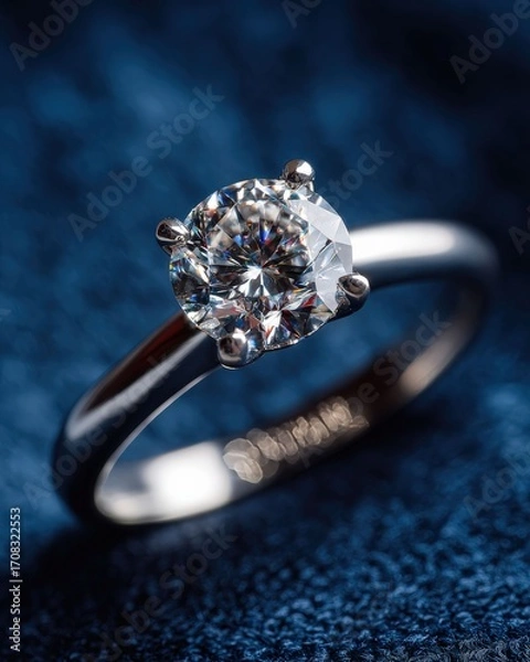 Fototapeta a close-up image of a sparkling diamond ring on a deep blue background, symbolizing love, commitment and luxury