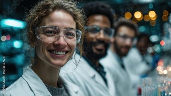 Fototapeta a group of smiling scientists in lab coats, focused on scientific research and experiments