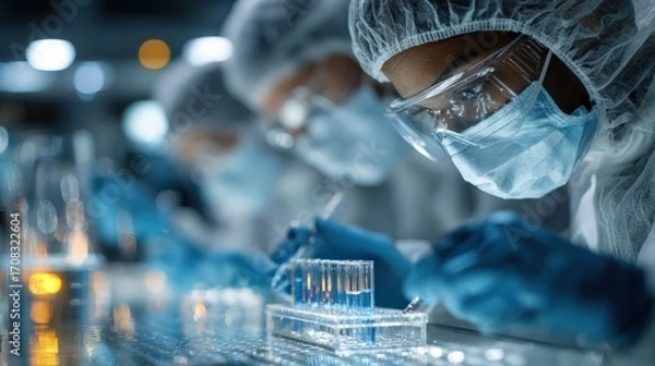 Fototapeta Researchers working in a high-tech laboratory, conducting scientific experiments with focus and precision. Wearing protective gear, they contribute to innovation and scientific advancement