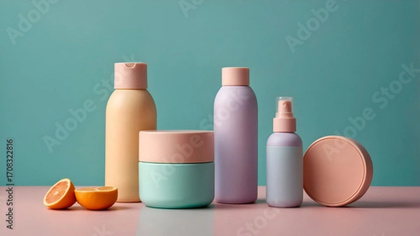 Obraz Adorable kawaii 3D skincare bottles in pastel colors, minimal and eco-friendly design, representing sustainable cosmetics and zero waste lifestyle for stock use.