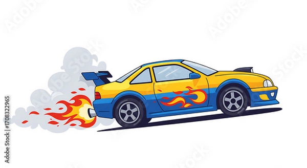 Fototapeta Stylized Racing Car Vector with Flames and Smoke on Transparent Background