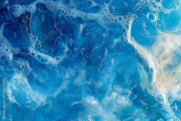 Fototapeta Transparent blue texture of clear water surface with ripples, splashes and bubbles. Abstract summer background with copy space