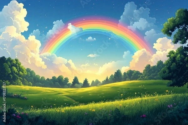 Fototapeta Vector illustration of Summer fields landscape with a dawn,Rainbow, green grass hills, bright color blue sky, country background,banner resting vacation.
