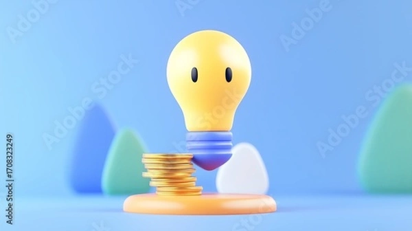Fototapeta 3D illustration of a glowing lightbulb above stacked coins, representing innovation and profit