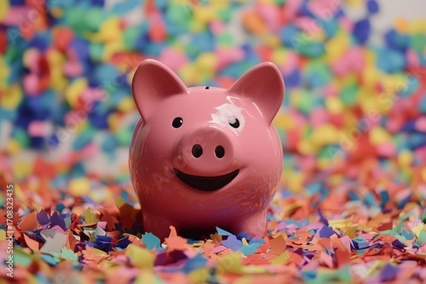 Fototapeta Cheerful pink piggy bank surrounded by colorful confetti, symbolizing savings and celebration in a vibrant setting.