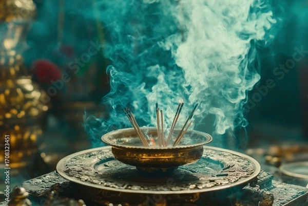Fototapeta Aesthetic incense sticks with smoke on a light sunny background. Spa meditation concept. Copy space.
