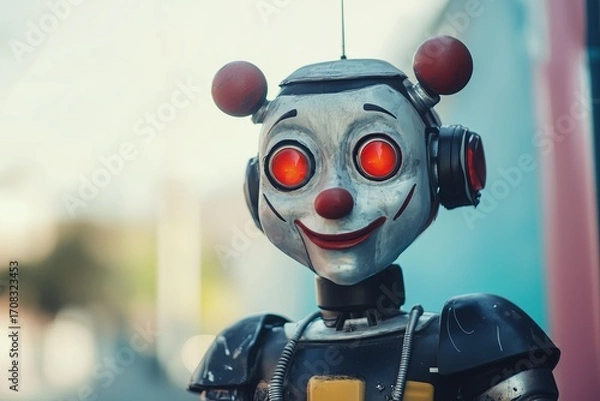 Fototapeta Clown in robot suit with red eyes on blurry background