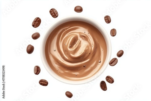 Fototapeta Coffee with cream in a white cup with coffee beans and chocolate, on a white background