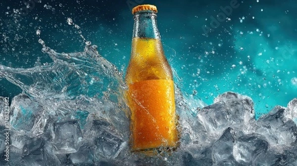 Fototapeta Refreshing bottle of beverage with water splash and ice cubes