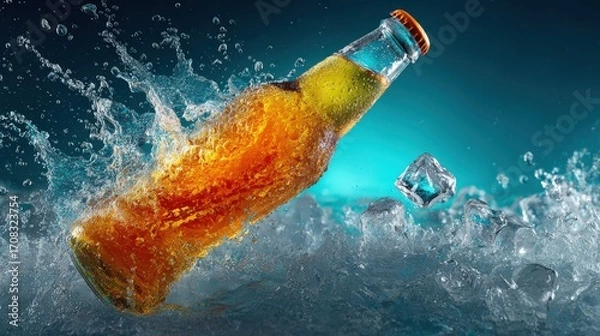 Fototapeta A refreshing ice-cold beer bottle with a splash