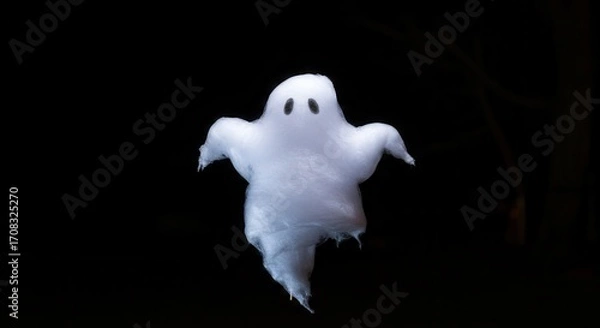 Fototapeta A fluffy, white candy ghost floats against a stark black background, highlighting its ethereal form.