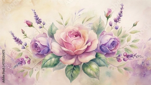 Obraz Soft watercolor rose bouquet with lavender and greenery delicate floral art