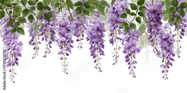 Fototapeta Delicate purple wisteria cascade against a white background. Lush, hanging clusters of blossoms and verdant leaves create a springtime scene
