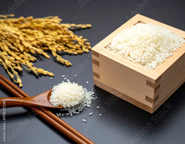 Fototapeta 木枡に盛った白米と稲穂の近接写真、秋の新米・和食素材