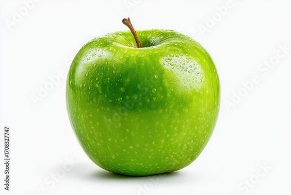Fototapeta Single, vibrant green apple, wet with water droplets, on a plain white background