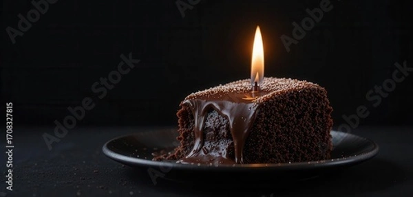 Fototapeta Molten Chocolate Cake Slice, Burning Candle, Plain Background, Simple Design Photo, Macro Shot