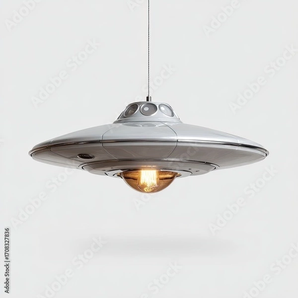 Fototapeta A silver-gray UFO-shaped pendant lamp.  A light fixture shaped like a flying saucer, suspended from a thin wire.  Interior lightbulb is visible.  Clean, minimalist design