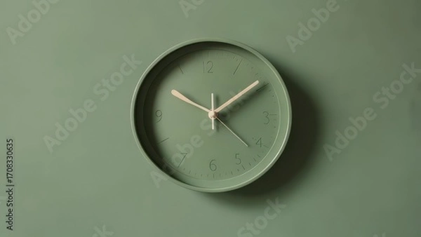 Fototapeta A sage-green analog wall clock with white hands and numerals hangs against a matching green background, showcasing minimalist design