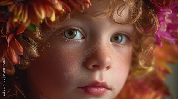 Fototapeta Close-up portrait of a child with glowing floral accents, soft natural lighting, vibrant colors, high detail, studio-quality, warm and inviting atmosphere